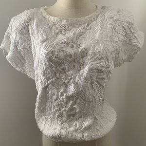 Vintage Chal Var White Short Sleeve w/ Lace & Pearl Details Top